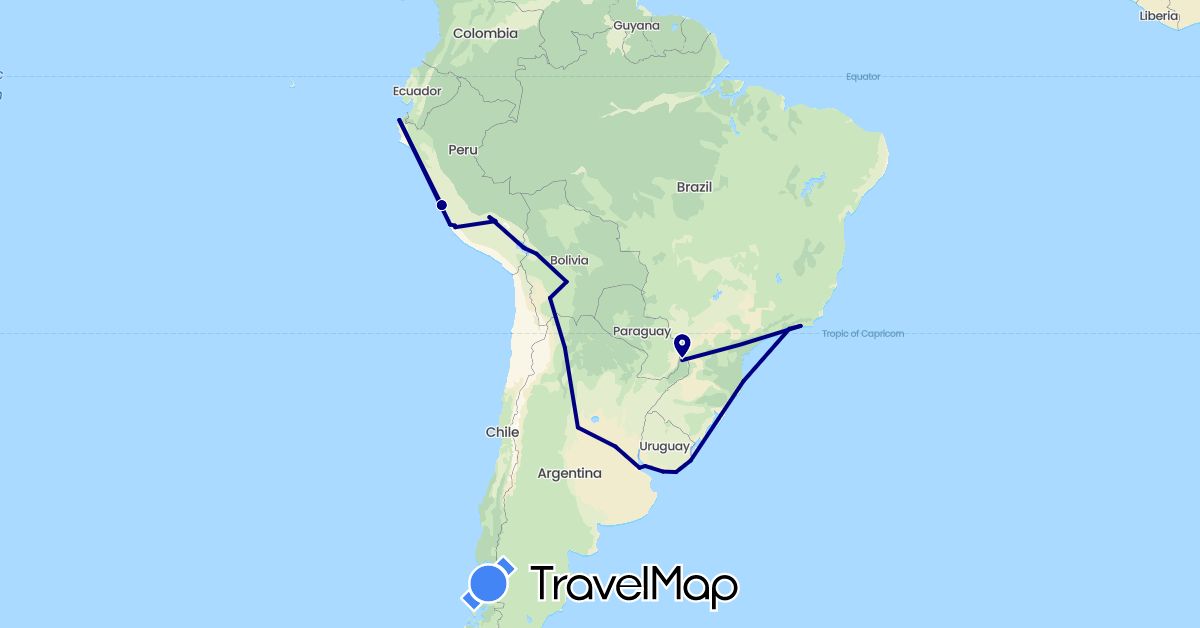 TravelMap itinerary: driving in Argentina, Bolivia, Brazil, Peru, Uruguay (South America)